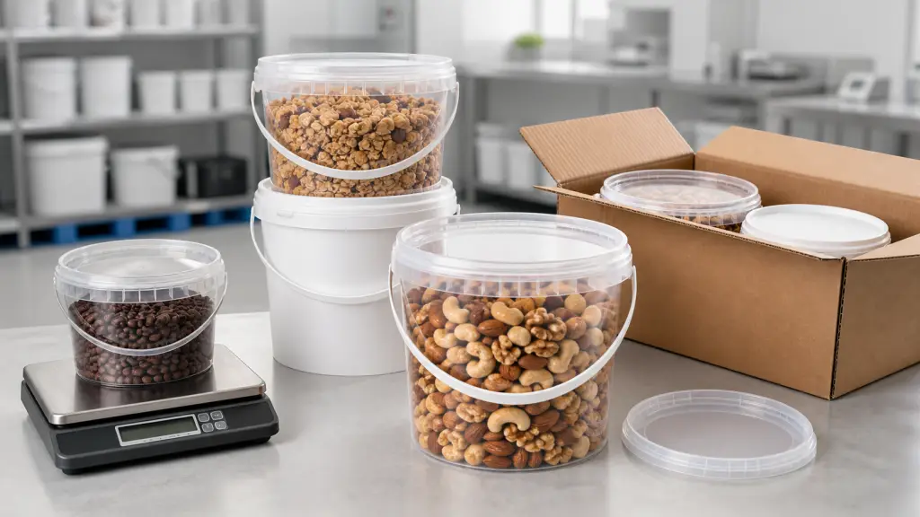 Food packaging bucket performance testing with lids, handles and filled products