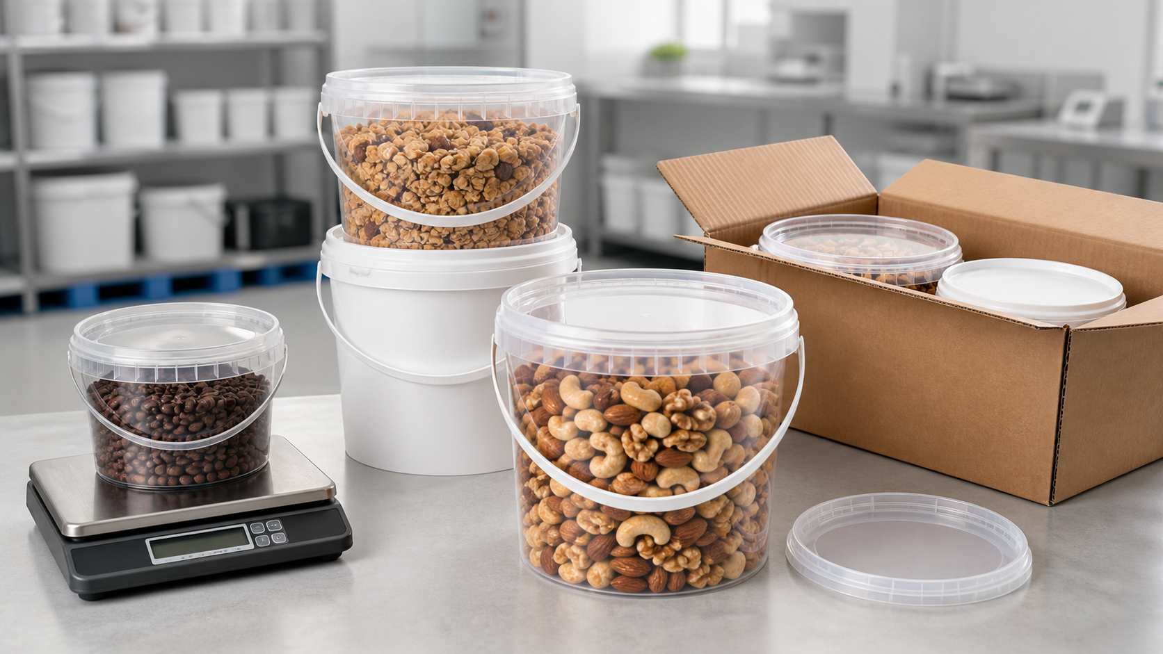 Food packaging bucket performance testing with lids, handles and filled products