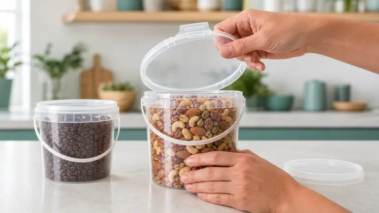 Consumer opening a reclosable food-grade PP bucket